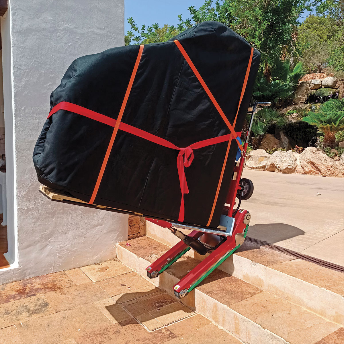 Carrello saliscale cingolato Domino per trasporto pianoforte su scale